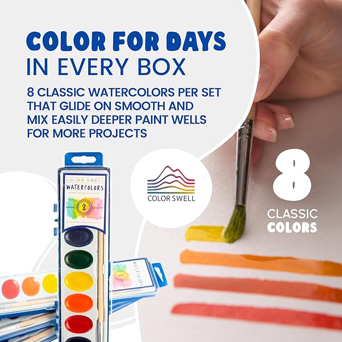 8-Color Watercolor Paint Set with Wooden Brushes – Washable & Non-Toxic, Ideal for Kids, Students, and Classroom Activities
