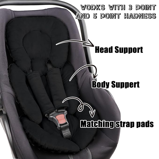 Infant Car Seat Insert Head and Body Support, GFU Reversible Newborn Insert for Carseat with Strap Pads, Soft Stroller Cushion Pillow Insert for Boys and Girls, Fits for Stroller, Swing, Black