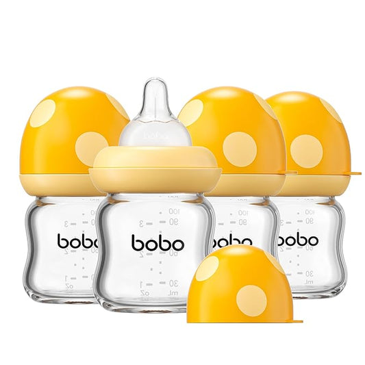 YOHKOH Natural Glass Baby Bottle with Natural Response Nipple, Newborn Anti-Colic Baby Bottles, Wide Neck Mushroom Cap Baby Bottle, Clear (Yellow-A, 3.4oz (Pack of 4))