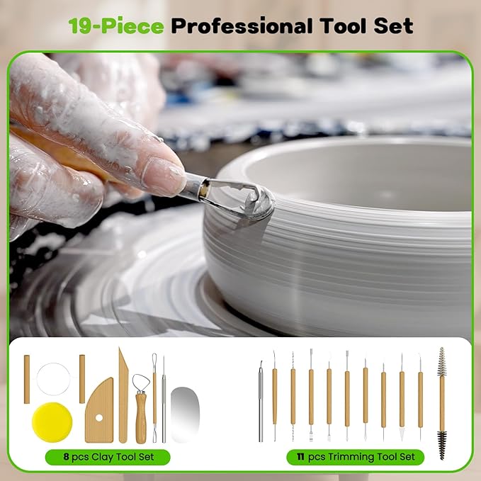 Alldeer 11-inch Pottery Wheel, 350W Electric Ceramic Forming Machine with Detachable Basin, 0-300RPM Foot Pedal Control, 19PCS Complete Clay Tool Kit for Professional Potters and Adult Crafters