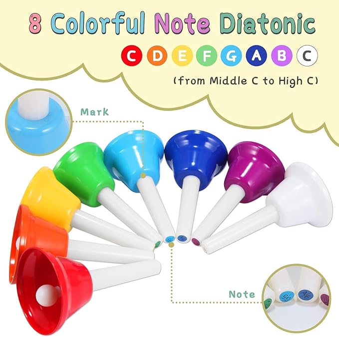Hand Bells, 8 Note Musical Handbells Set with 17 Songbook Musical Toy Percussion Instrument for Toddlers Children Kids for Children's Day Family Activity School and Church (Multicolored)