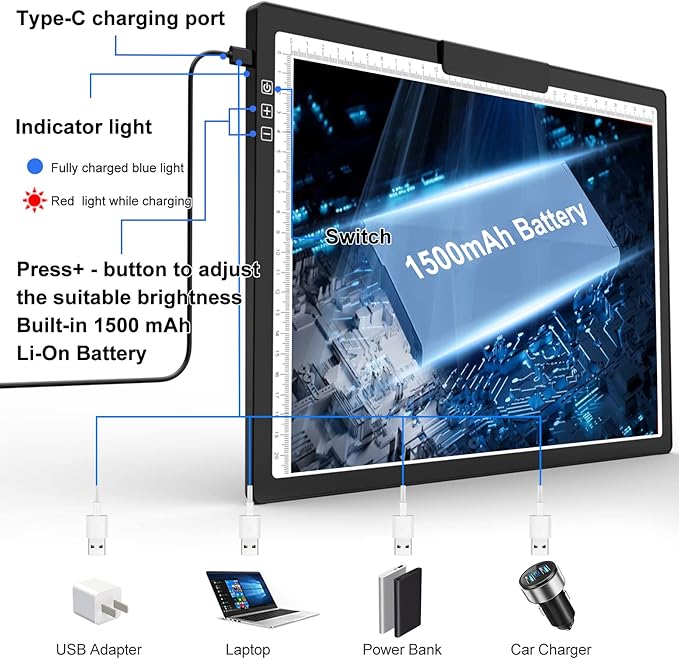 A4 Led Tracing Light Box with Carry Bag Built-in Stand,Ultra-Thin Light Pad Powered by 1500mAh Lithium Battery for Cricut Vinyl, Weeding Tool, Drawing Crafting Box/Board for Tracing, Sketching & HTV