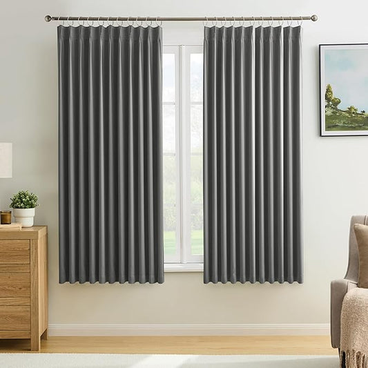 KEQIAOSUOCAI Grey Pinch Pleat Curtains & Drapes 63 Inches Long 2 Panels Set, Privacy Darkening Sound Dampening Window Treatment for Bedroom Vertical Draft Blackout Blinds for Living Room 72 by 63
