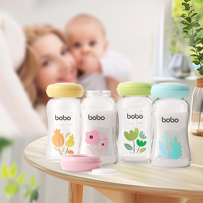 YOHKOH Breast Milk Storage Bottles - Wide Neck Glass Breastmilk Storage Bottles with Lids, BPA-Free (Yellow, 5.4oz (Pack of 4))