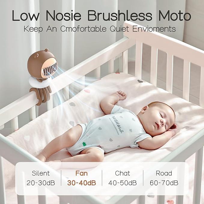 Cute Bear Stroller Fan Clip On for Baby, Portable Bladeless Fans 4 Speeds Oscillating, 4000mAh Rechargeable Battery Powered, Flexible Tripod Strong Cooling for Bedside Crib Car Seat