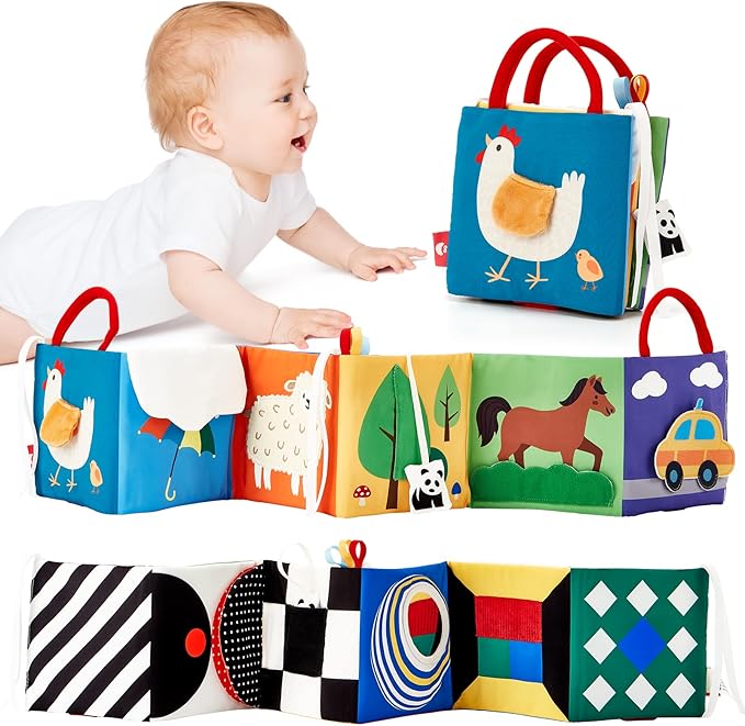 hahaland Baby Toys 0-6 Months - High Contrast Newborn Toys - Baby Tummy Time Books 0-6 Months with Crinkle, Squeaky Sounds, Touch Feel, Visual Stimulation