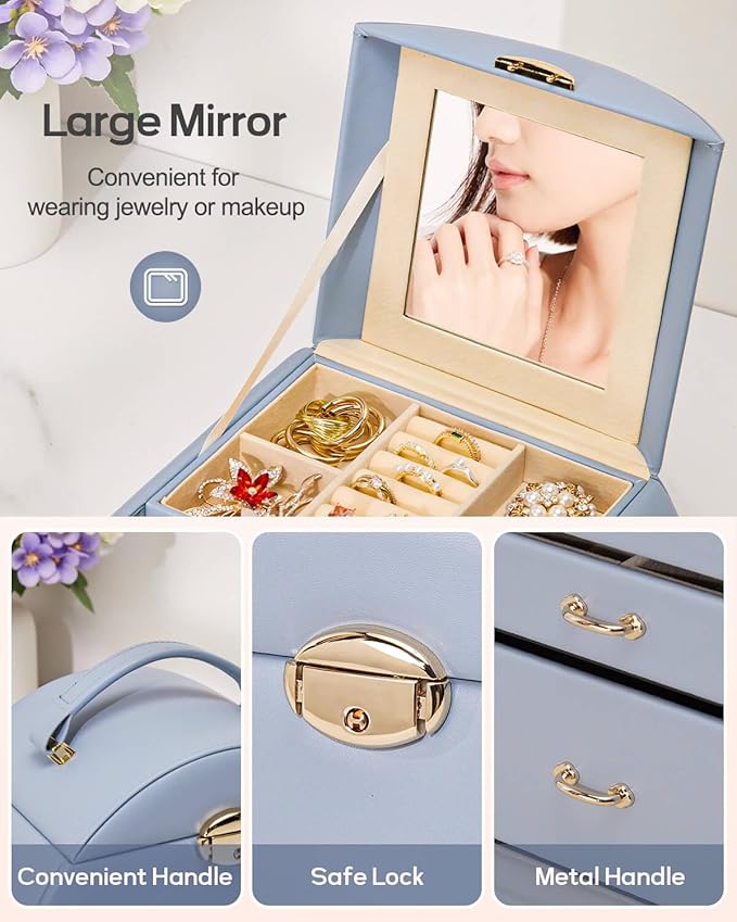 Homde Girls Jewelry Box Jewelry Storage Case Organizer Faux Leather with Mirror for Rings, Earrings, Bracelets, Necklaces (Grey Blue)