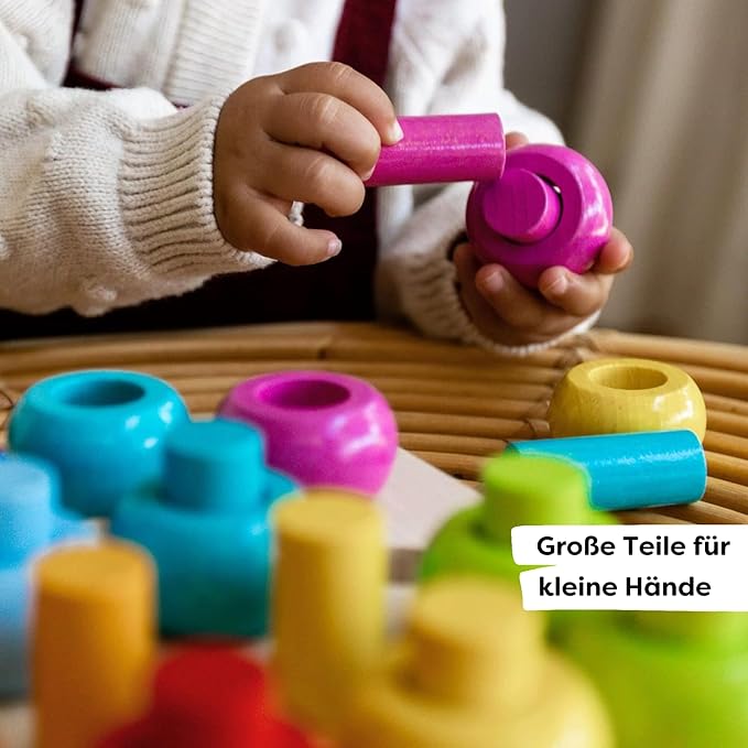 HABA Rainbow Whirls Wooden Sorting & Stacking Rings Shape Sorter, Educational Toys for 2 Year Old & Up, Color Sorting Fine Motor Toys, Made in Germany