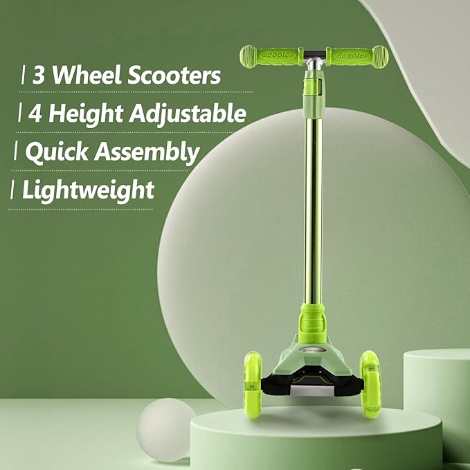 3 Wheel Scooter for Kids Ages 6-12,Kids Scooter with Light Up Wheels, Sturdy Deck Design, and 4 Height Adjustable Suitable for Kid Ages 3-12