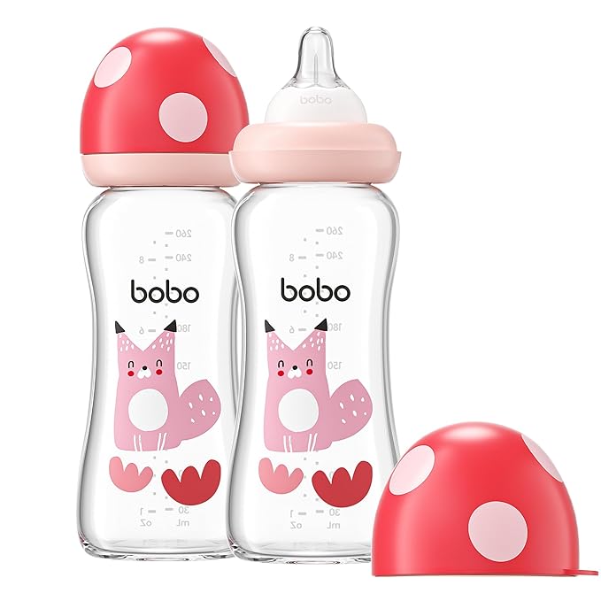 YOHKOH Natural Glass Baby Bottle with Natural Response Nipple, Newborn Anti-Colic Baby Bottles, Wide Neck Mushroom Cap Baby Bottle, Clear (8.8ounce (Pack of 2), Red2)