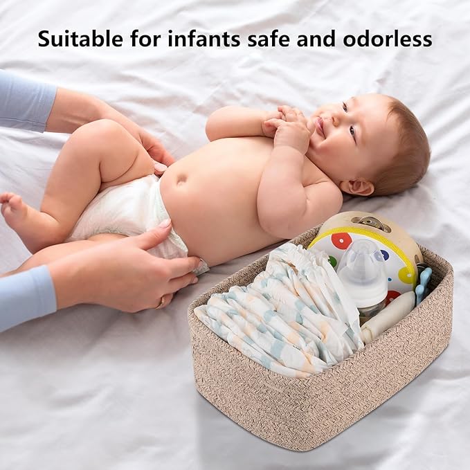 4 Pack Small Storage Shelf Baskets for Organizing, Mini Woven Rope Storage Bins for Towels, Cute Decorative Closet Organizer，Baby Nursery, Gift Empty Baskets -13''Lx8.66''Wx5.11''H-Brown