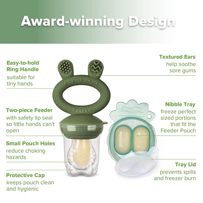 Haakaa Baby Fruit Food Feeder & Mini Freezer Nibble Tray Combo, Breastmilk Popsicle Molds for Baby Cooling Relief, BPA Free Silicone Feeder for Safe Infant Self Feeding, 4 Month+(Olive Green)