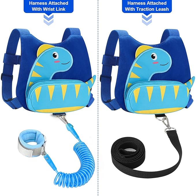 Accmor Toddler Harness with Leash, Cute Dinosaur Kids Harness + Anti Lost Wrist Link, Mini Child Harness Leash Wristband Strap Belt Protector for Baby Boys Girls to Outdoor Travel (Blue)