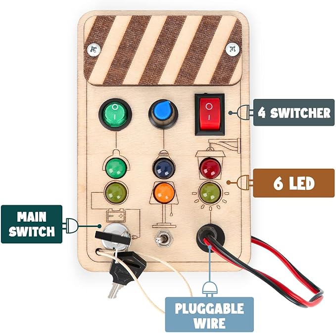 Joyreal Wooden Montessori Busy Board, Toddler Sensory Toys, LED Light Switch, Travel Toys for 2+ Year Old Boy