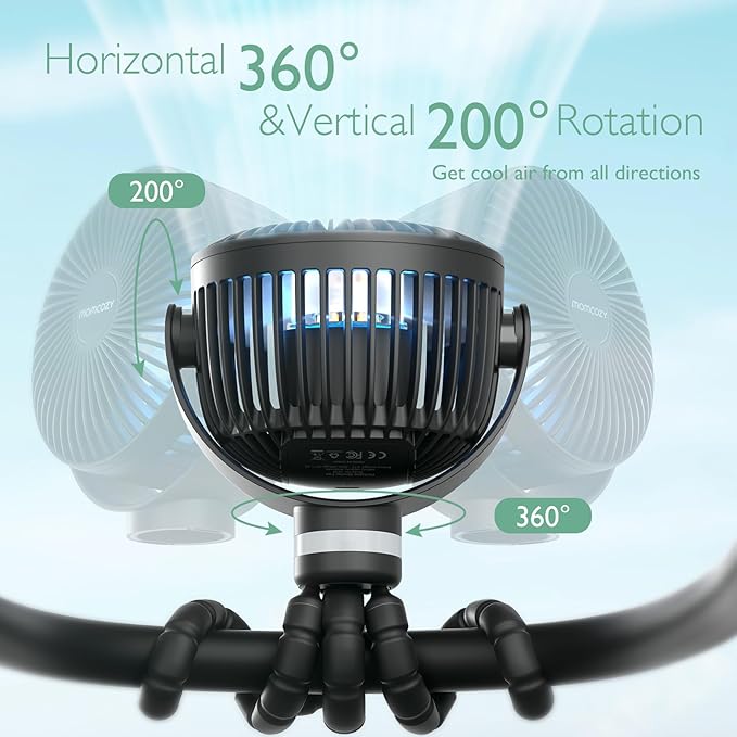 Momcozy 8000mAh Portable Stroller Fan, 27H Ultra-long Life Detachable 4 Speed 360°Rotate LED Night Light with 2 Modes, USB Rechargeable Handheld Cooling Fan for Travel/Bedroom/Car Seat