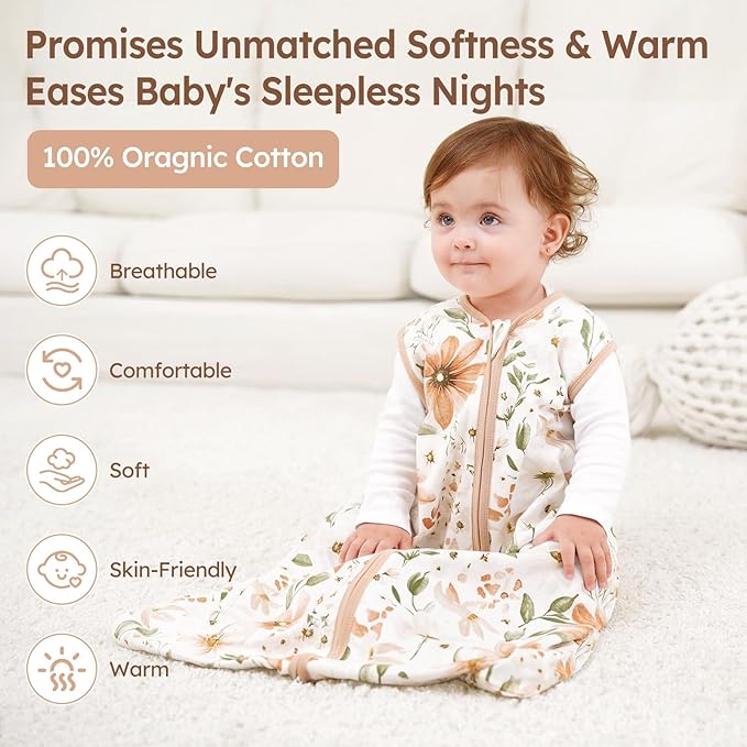 Baby Sleep Sack 12-18 Months 3 Pack 100% Cotton Lightweight 0.5 TOG Wearable Blanket Baby Sleep Bag with 2-Way Zipper for Newborn Infant Orange Flowers & Plaid