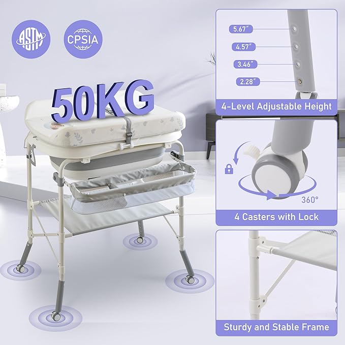 2-in-1 Baby Bathtub with Changing Table, Foldable Diaper Changing Station with 4 Wheels, Waterproof Pad, Storage Rack and Baby Bath Tub, Adjustable Height Portable Nursery Organizer for Newborn Infant