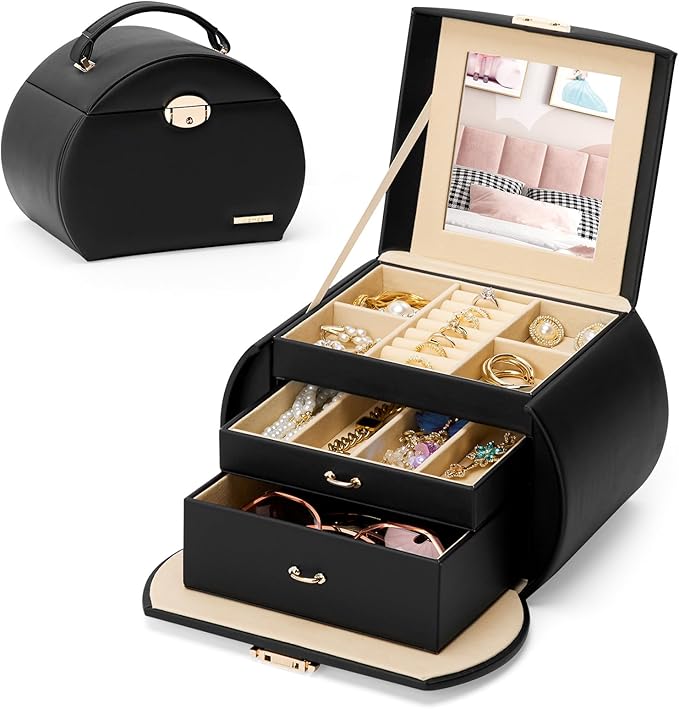 Homde Girls Jewelry Box Jewelry Storage Case Organizer with Mirror for Rings, Earrings, Bracelets, Necklaces (Black + Gold)
