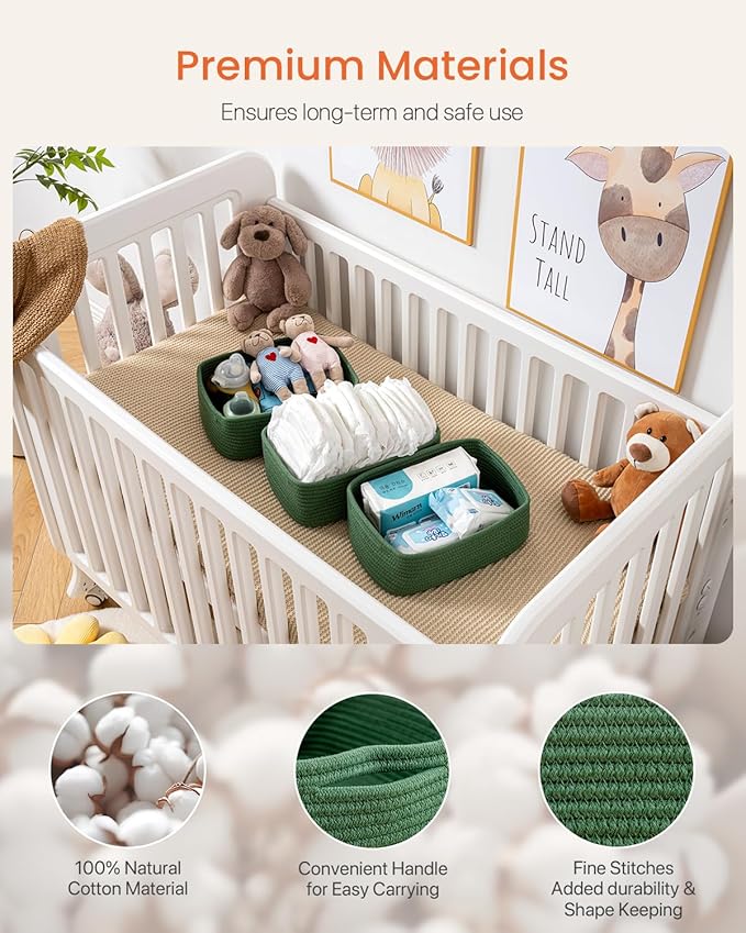 KALLAX Small Woven Basket, 12 x 8 x 4.5 Inches, Storage Basket for Organizing, Cute Small Rope Shelf Closet Cube Storage Bins Baskets for Shelves, Dog Toy Gift Baskets Empty, 3 Packs, Green