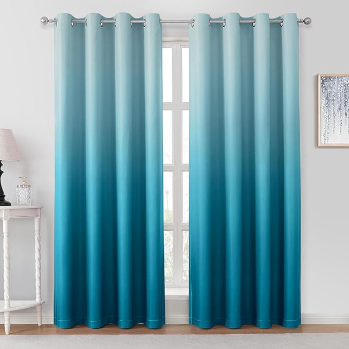 HOMEIDEAS Turquoise Ombre Blackout Curtains 52 X 96 Inch Length Gradient Room Darkening Thermal Insulated Energy Saving Grommet 2 Panels Window Drapes for Living Room, Bedroom