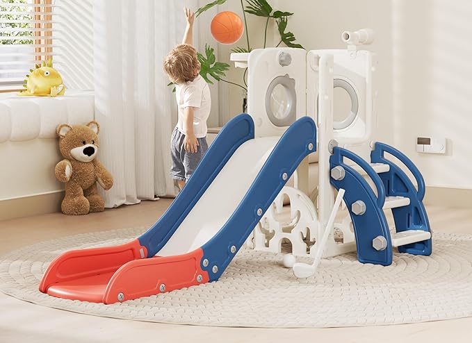 67i Toddler Slide for Kids - Foldable Indoor/Outdoor Plastic Slide with Basketball Hoop, Anti-Slip Steps, Safe & Durable Playground Equipment for 1-3 Years (Red Blue)