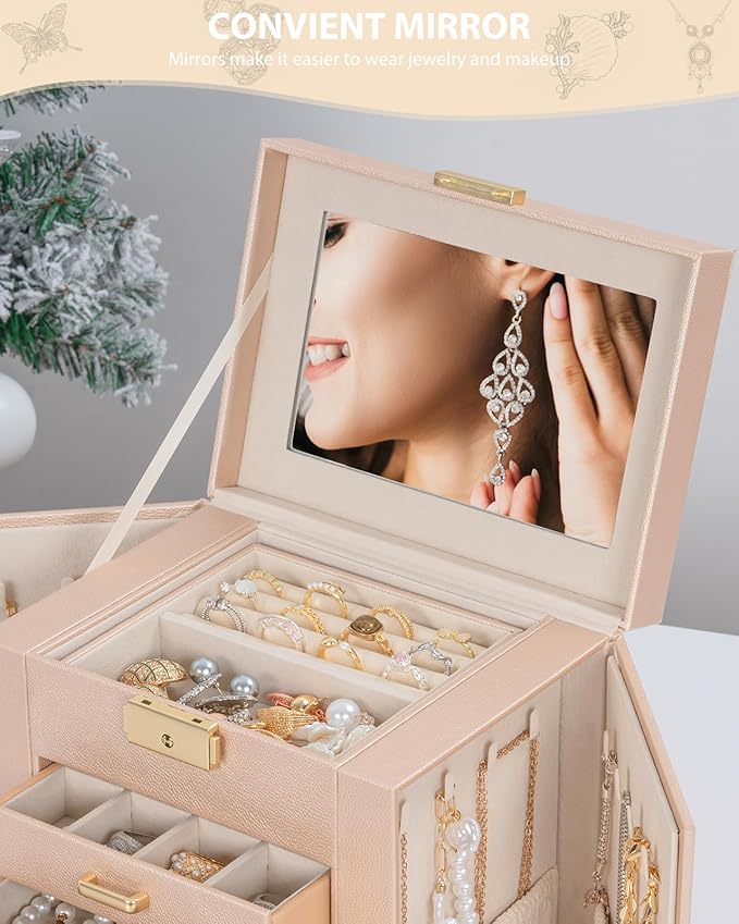 AKOZLIN 5-Tier Jewelry Box Leather Jewelry Storage Organizer with 4 Drawers Lockable for Women Girls Ring Necklace Earring Bracelet Watches Holder with Mirror Champagne