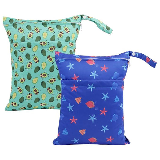 ALVABABY 2pcs Cloth Diaper Wet Dry Bags Waterproof Reusable with Two Zippered Pockets Travel Beach Pool Daycare Soiled Baby Items Yoga Gym Bag for Swimsuits or Wet Clothes LZX4344