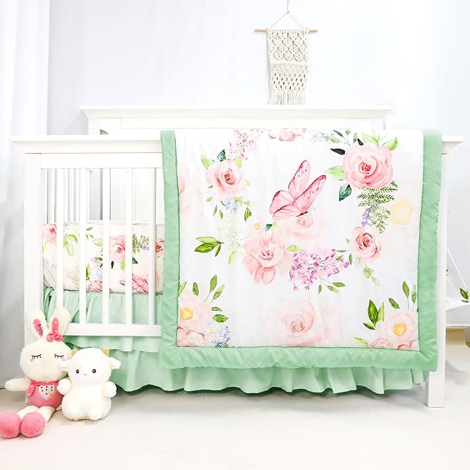 4-Piece Crib Bedding Set, Baby Girl Crib Bedding Set Butterflies Floral Nursery Bedding Set Includes Comforter, Fitted Crib Sheet, Crib Skirt, and Diaper Stacker, Green & Pink