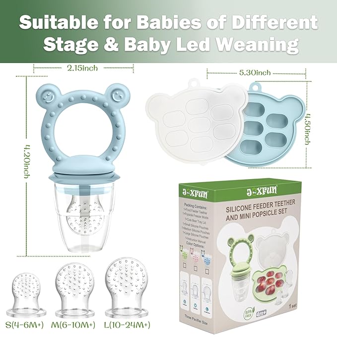 JEXFUN Silicone Baby Fruit Food Feeder Pacifier & Breastmilk Popsicle Freezer Molds for Cooling Relief, BPA Free Silicone Feeder to Safely Introduce New Foods, Double as Teething Toys, 4 Month+