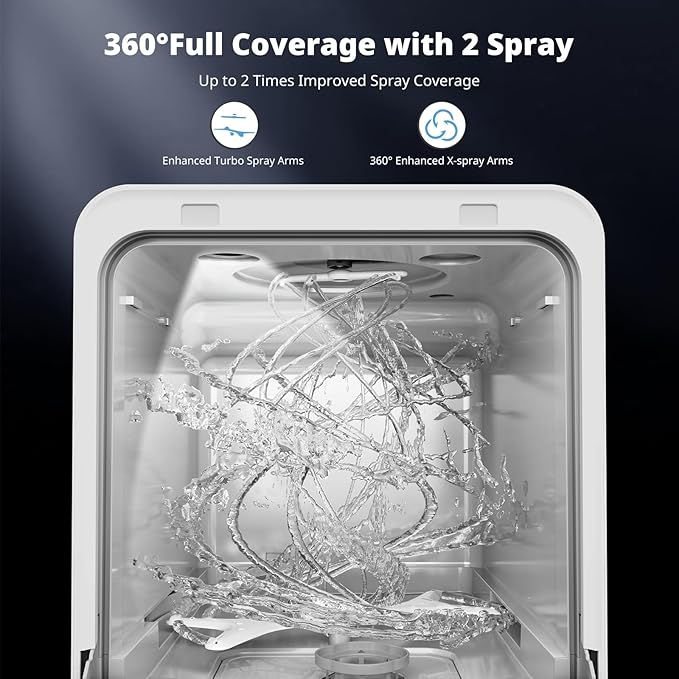 AIRMSEN Portable Countertop Dishwasher with 5L Water Tank, Mini Dishwasher with 14.6” Narrow & 20.1“ Deep Design, 9 Programs, 24H Delay Start & 360° Dual Spray, No Hookup Needed, C01, White