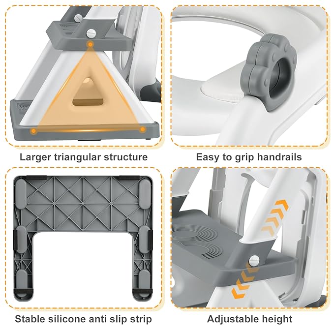2 In 1 Potty Training Toilet Seat & Toddler Step Stool, Bottom Triangle Stability Toddler Toilet Seat, Adjustable Step & Seat Height Potty Seats (Grey)