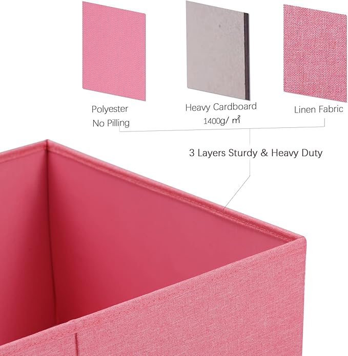 HOONEX Linen Foldable Storage Bins with Lids, 2 Pack, Storage Boxes with Carrying Handles and Sturdy Heavy Cardboard, 16.5" L x 11.8" W x 7.5" H for Shoes, Books, Clothes, Nursery, Pink