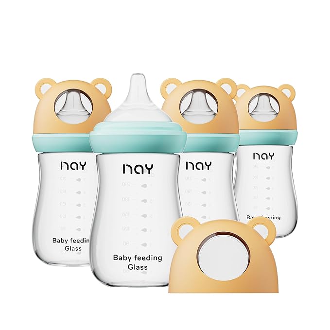 Natural Glass Baby Bottle for Breastfeeding Babies, 8oz Anti-Colic Baby Bottle with Natural Response Nipple(M), Clear, Wide Neck, 4 Pack, 3 Months+