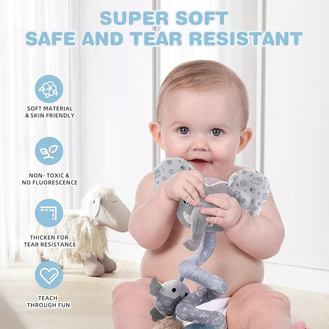 Jollybaby Baby Car Seat Stroller Toys, Plush Activity Hanging Spiral Activity Pram Crib with Music Box, Rattles, Squeaker for Babies Infant Boys Girls (SZ Gray Elephant)