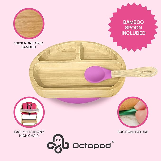 Abiie Octopod Bamboo Dish - Kids Plates for 4 months and up, 3-Compartment Baby Plates with Suction, Triangle Bamboo Baby Plate, Mess-Free Toddler Suction Plates, Baby Feeding Supplies, 8.3x1.9x7.7 in