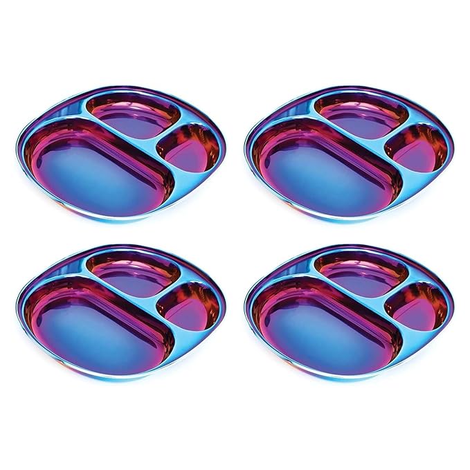 Ahimsa Stainless Steel Plates for Kids - Divided Plates for Toddlers, Pediatrician Designed, Non Toxic Toddler Plate, BPA Free & Dishwasher Safe (Blue Set of 4)