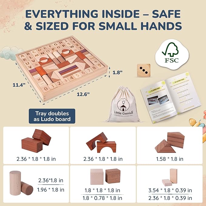 Hexagon Montessori Wooden Building Blocks – 86 Pieces FSC-Certified Beech | Alphabet & Number Blocks with Board Game, Storage Bag & 15-Challenge Guide | Stacking Toy for Kids Ages 3+