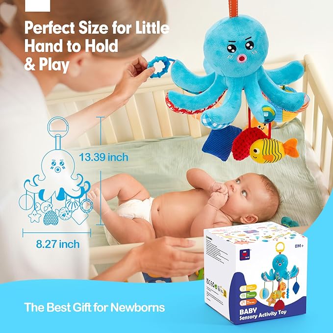 hahaland Baby Toys 0-6 Months - Car Seat Toys Octopus Toy with Pulling Cords, Squeaky, Crinkle, Rattle, Mirror, Montessori Newborn Sensory 4 Month Babies Gift Stroller Carseat Hanging Toy for Baby Gym