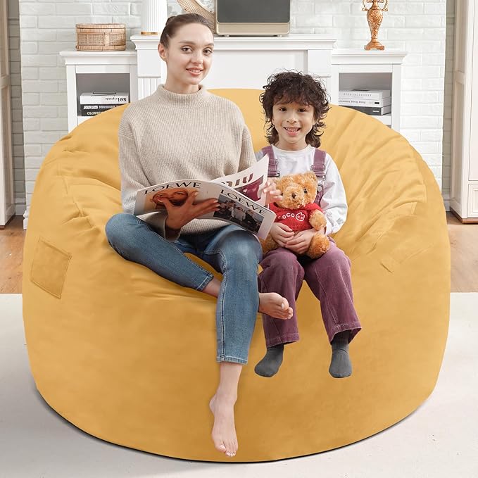 3FT Bean Bag Chair, Comfy Bean Bag Chairs with Memory Foam Filled, Fluffy Beanbag Sofa with Dutch Velvet Cover, Round BeanBag Chairs for Living Room, Playroom - Mustard