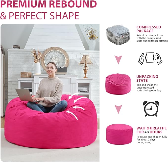 4FT Bean Bag Chair, Large Bean Bag Chairs with Memory Foam Filled, Fluffy Beanbag Sofa with Dutch Velvet Cover, Round BeanBag Chairs for Living Room, Playroom - Pink