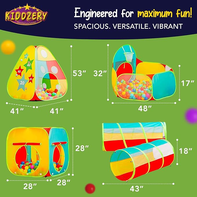 5pc Kids Play Tent for Toddlers with Ball Pit, Crawl Tunnel, Indoor & Outdoor Playhouse, Jungle Gym, Toys for Boys & Girls, Includes Dart Balls, Teepee & Basketball Hoops, (with 50 Balls)