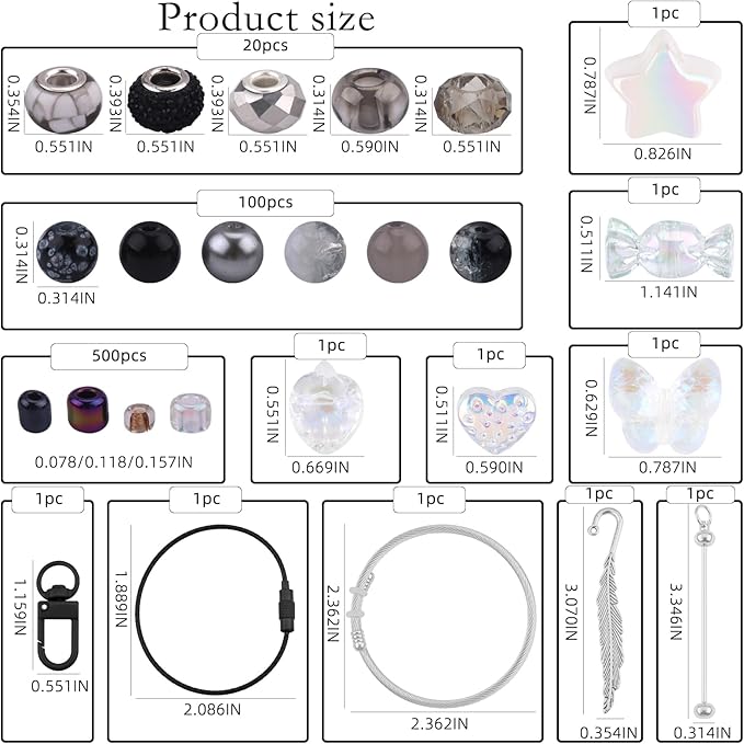 630pcs Beads for Bracelets Making Kit, European Large Hole Beads for Pens, 8mm Round Glass Beads with Charms Spacer Beads for DIY Bracelet Necklace Earring Jewelry Making (Black)