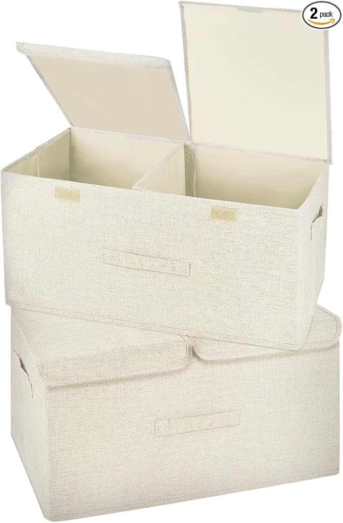 2 Pack Storage Boxes with Lids and Handles, Collapsible Linen Storage Bins Organizer Containers Baskets Cube with Removable Divider for Home Bedroom Closet Office (Cream, Large)