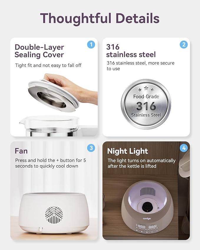 Bottle Warmer comfyer, Baby Bottle Warmer with Night Light & Faster Cooling Fan, Instantly Water Warmer, Tea Kettle Electric with 6 Temperature Control Presets, Feed Baby More Easier and Healthier
