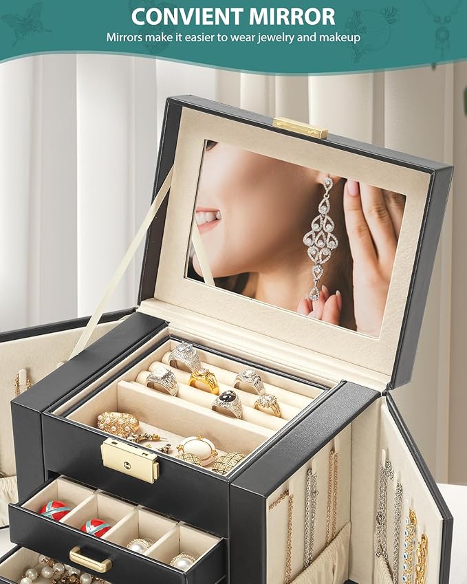 AKOZLIN 5-Tier Jewelry Box Leather Jewelry Storage Organizer with 4 Drawers Lockable for Women Girls Ring Necklace Earring Bracelet Watches Holder with Mirror Black