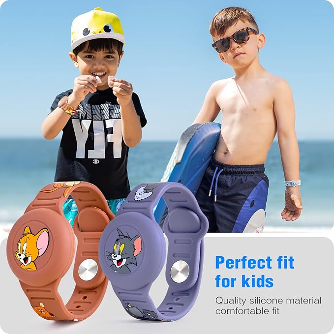 2 Pack AirTag Bracelet for Kids, Waterproof Cute Cartoon Air tag Holder for Kids with Watch Band Design, Full Coverage Silicone Airtag Hidden Accessories for Child, Healthy Material Brown + Grey