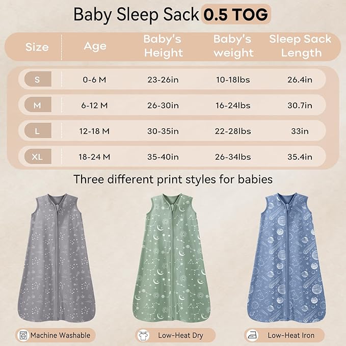 Baby Sleep Sack 0-6 Months 3 Pack 100% Cotton Lightweight 0.5 TOG Wearable Blanket Baby Sleep Bag with 2-Way Zipper for Newborn Infant
