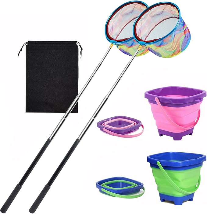 2PCS Fishing Net with Bucket, Telescopic Fishing Landing Net, Collapsible Kids Sand Bucket, Kids Fish Butterfly Catching for Freshwater Saltwater Outdoor Activities
