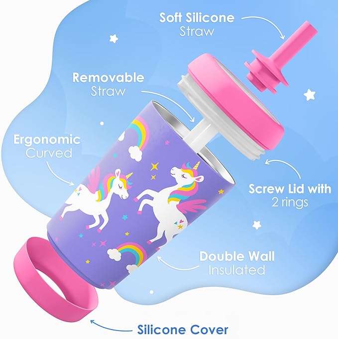 Kid Insulated Stainless Steel Tumbler with Silicone Straw, 12oz Sippy Cup for Kids (Unicorn)