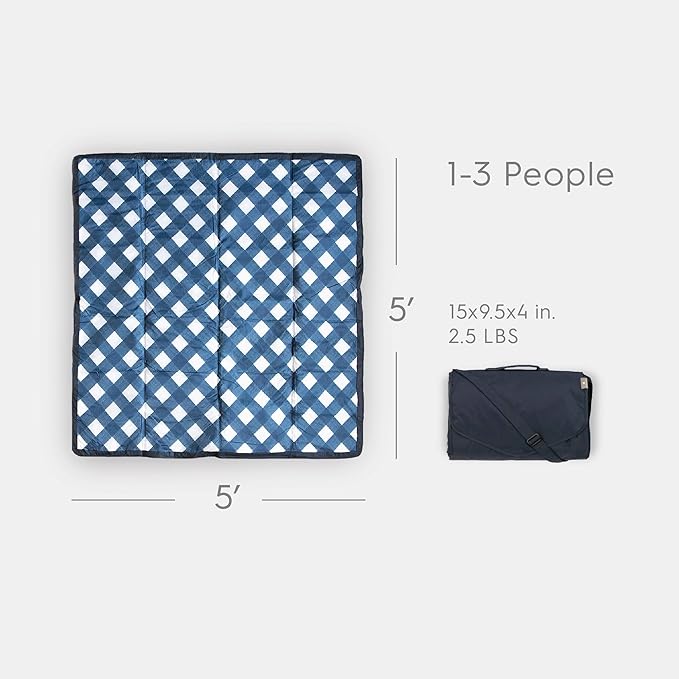 Little Unicorn 5'x5' Outdoor Family Picnic & Beach Blanket | Durable & Water-Resistant Fabric | Compact Fold & Easily Wipes Clean | Zipper Pocket (Navy Plaid)
